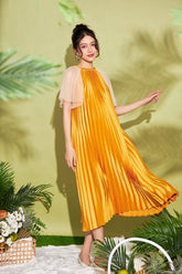 Pleated Silk Midi Dress with Sheer Flutter Sleeves